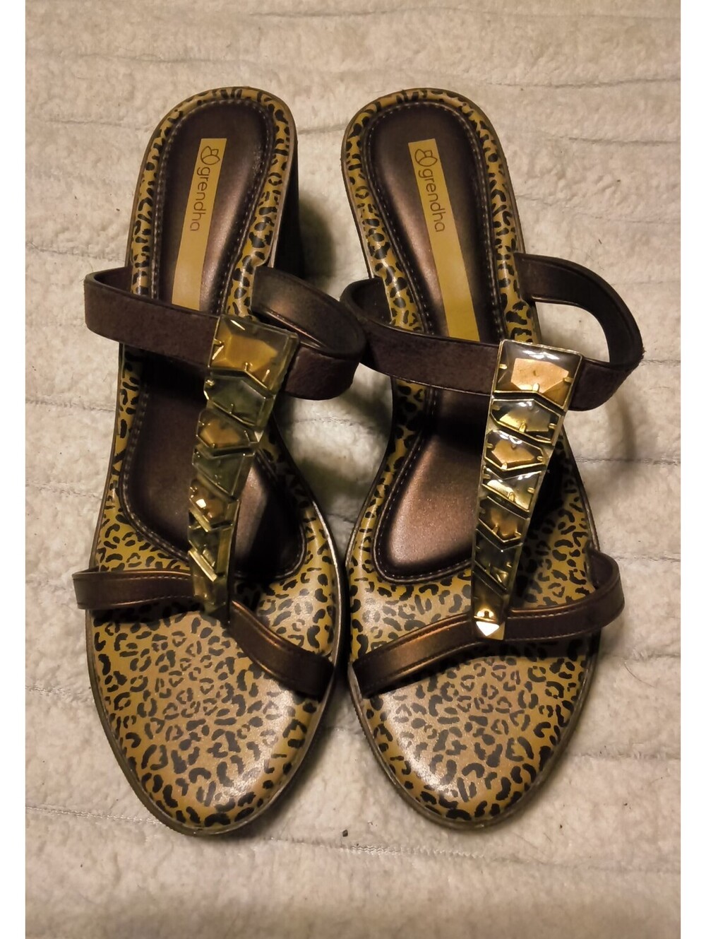 Grendha Women's Brown Leopard Print Slip-On Sandals with Gold Accent